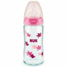 Nuk First Choice+ Γυάλινο Μπιμπερό με Θηλή Σιλικόνης Μεσαίας Οπής, 0-6 μηνών, Ροζ Πουλιά, 240ml.