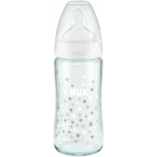 Nuk First Choice+ Γυάλινο Μπιμπερό με Θηλή Σιλικόνης Μεσαίας Οπής, 0-6 μηνών, Λευκά Αστέρια, 240ml.