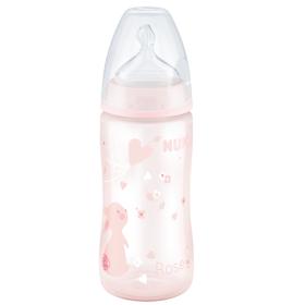 Nuk First Choice+ Μπιμπερό Πλαστικό Με Θηλή Σιλικόνης, Από 0-6 Μηνών, Με ένδειξη Θερμοκρασίας Ροζ Κουνελάκι, 300ml.