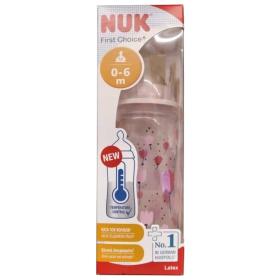 Nuk First Choice+ Μπιμπερό Πλαστικό Με Θηλή Latex Από 0-6 Μηνών, Με ένδειξη Θερμοκρασίας Ροζ Παπαρούνες, 300ml.
