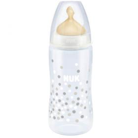 Nuk First Choice+ Μπιμπερό Πλαστικό Με Θηλή Latex Από 0-6 Μηνών, Με ένδειξη Θερμοκρασίας Λευκό Πουά, 300ml.