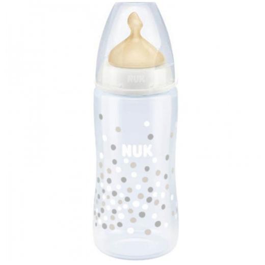 Nuk First Choice+ Μπιμπερό Πλαστικό Με Θηλή Latex Από 0-6 Μηνών, Με ένδειξη Θερμοκρασίας Λευκό Πουά, 300ml.
