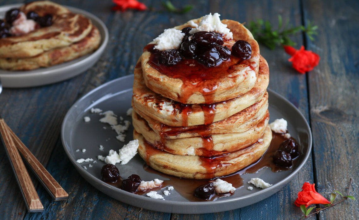 Pancakes with Fresh Myzithra and sweet preserved sour cherries 