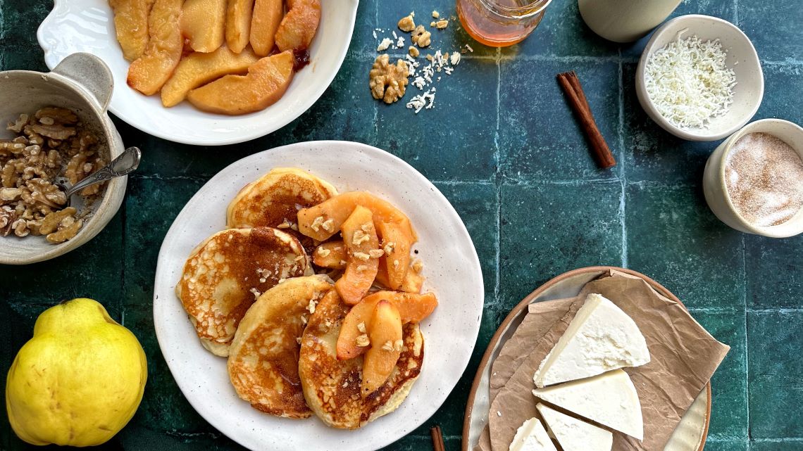Pancakes with Dry Anthotyros, baked quinces & walnuts