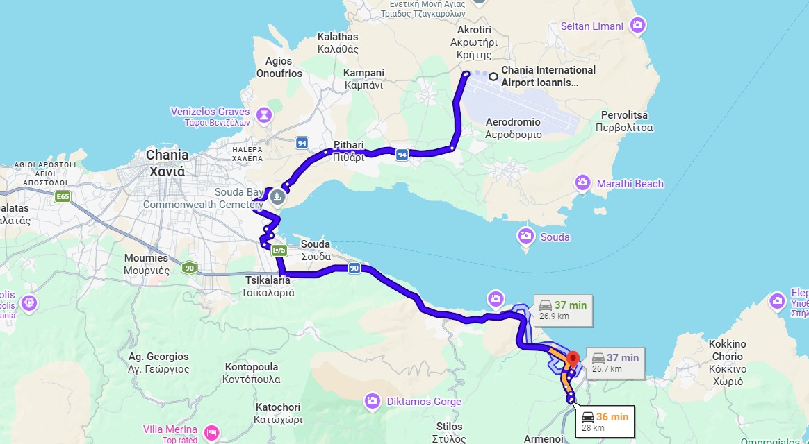 luchthaven Chania naar Almyrida met de auto