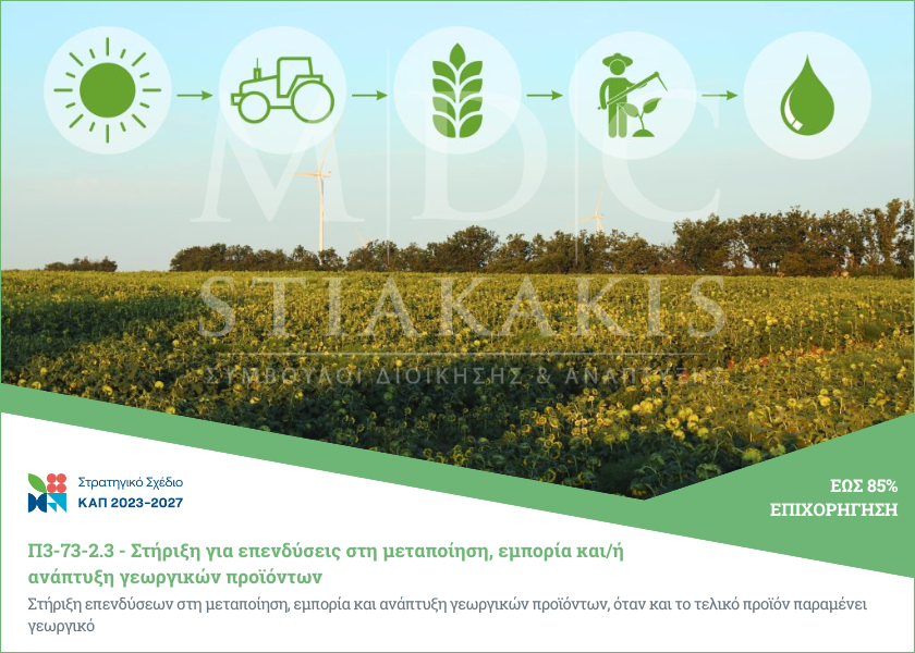 Στήριξη για επενδύσεις στη μεταποίηση, εμπορία και/ή ανάπτυξη γεωργικών προϊόντων (ΣΣ ΚΑΠ Παρέμβαση Π3-73-2.3 - 1η Πρόσκληση)