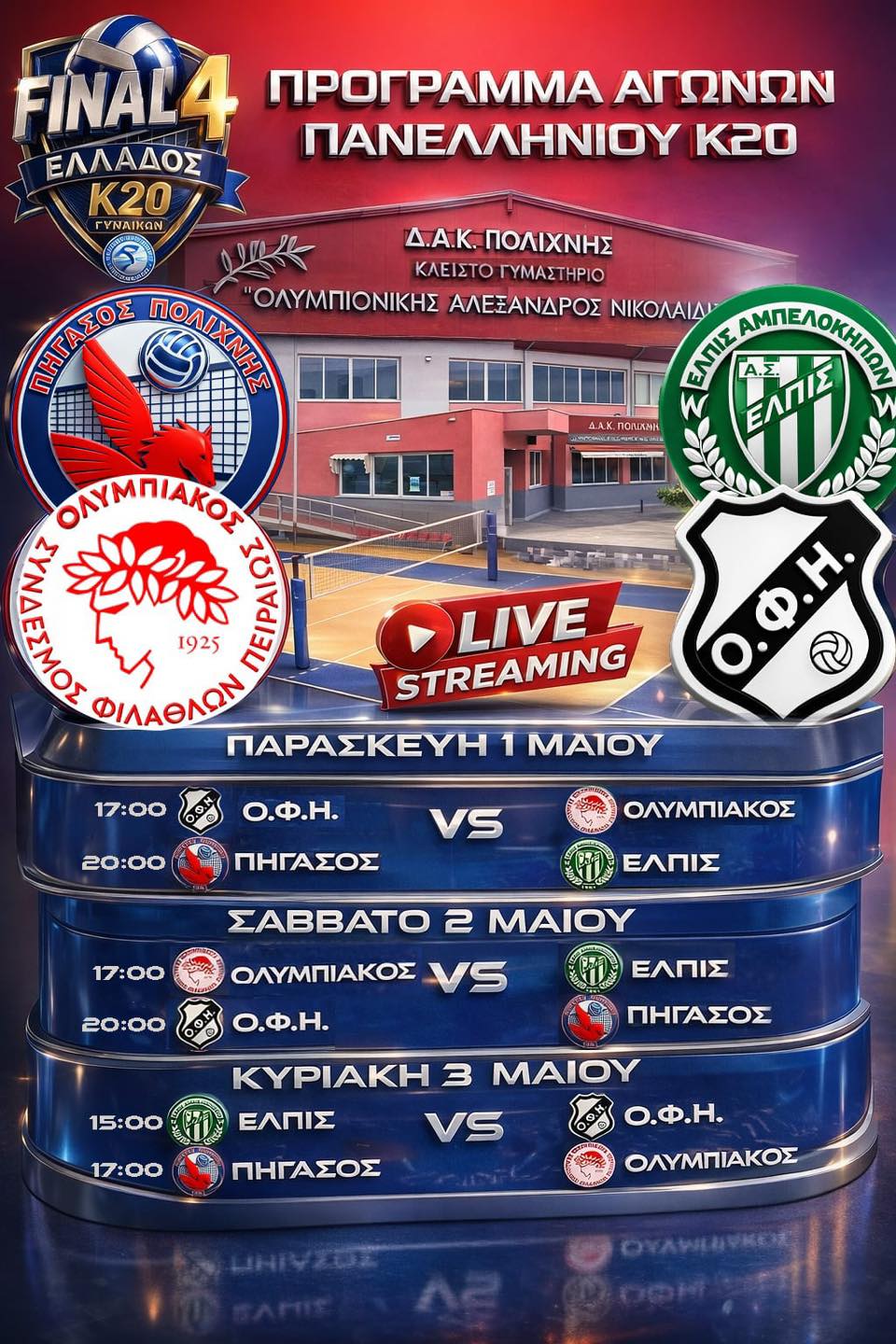 Ολο το πρόγραμμα και οι διαιτητές του Final 4 γυναικών Κ20 στο οποίο μετέχει ο ΟΦΗ