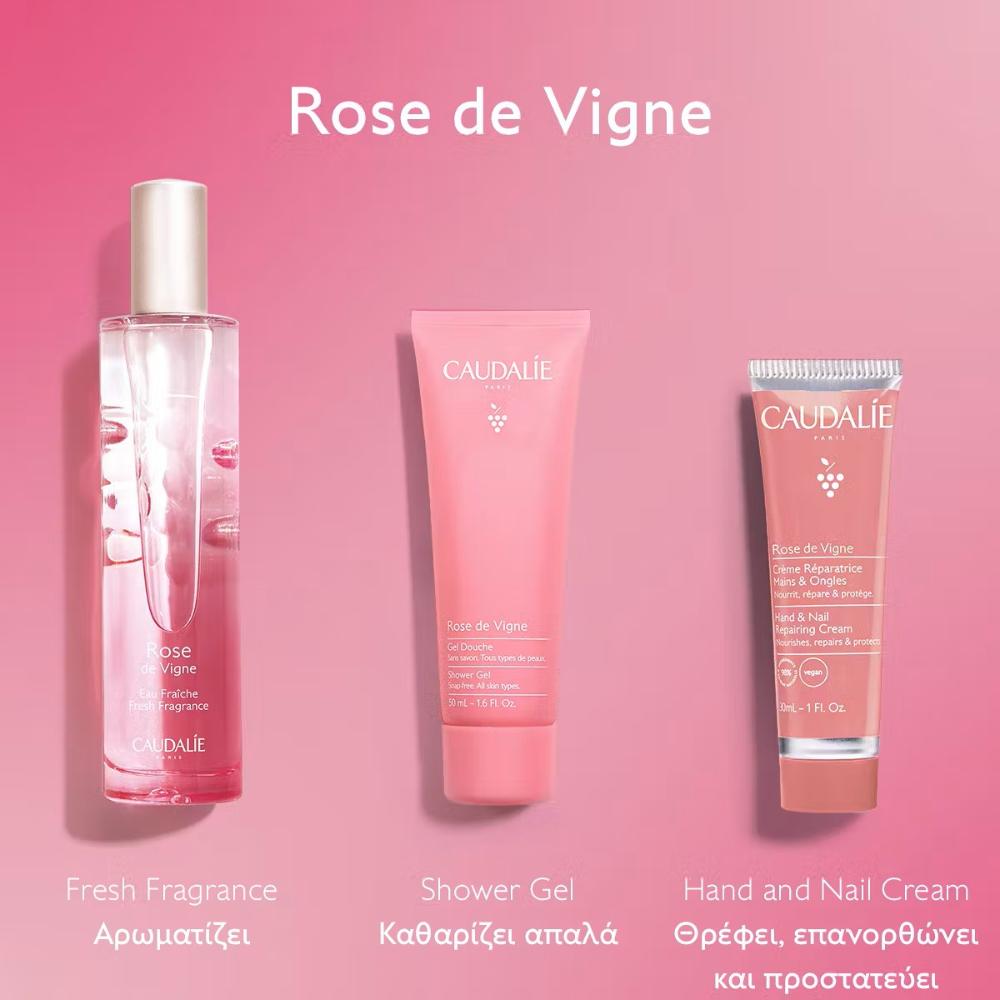 Caudalie Rose de Vigne Xmas Promo Fresh Fragrance Γυναικείο Άρωμα, 50ml, Δωρό Shower Gel Αφρόλουτρο Σώματος, 50ml & Hand & Nail Repairing Cream Ενυδατική Κρέμα Χεριών & Νυχιών, 30ml, 1σετ