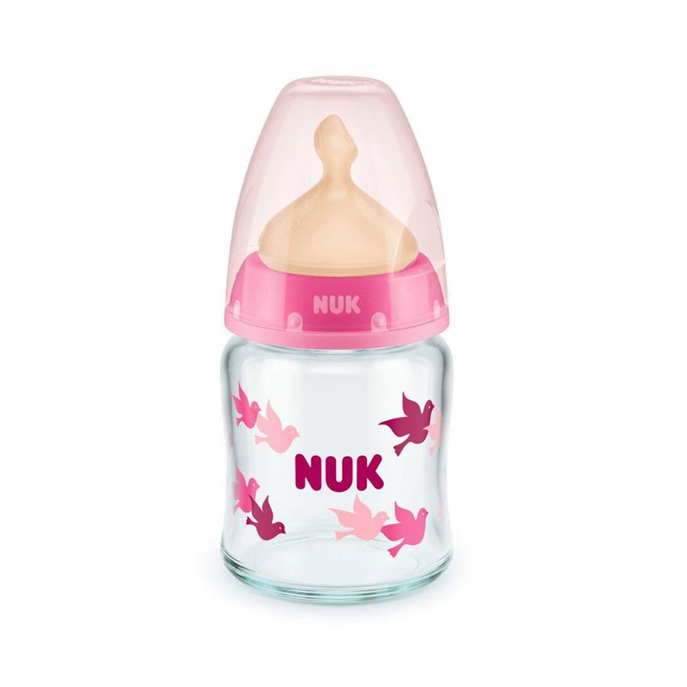 Nuk Μπιμπερό Γυάλινο First Choice Plus με Θηλή Latex M με Δείκτη Ελέγχου Θερμοκρασίας Ροζ 0-6m 120ml