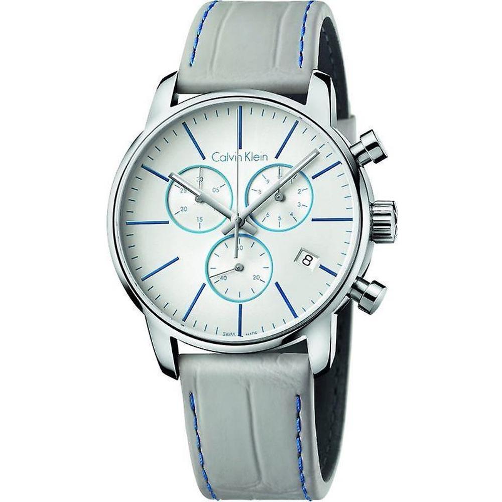 CALVIN KLEIN City Chronograph 43mm Silver Stainless Steel Gray Leather Strap K2G271Q4