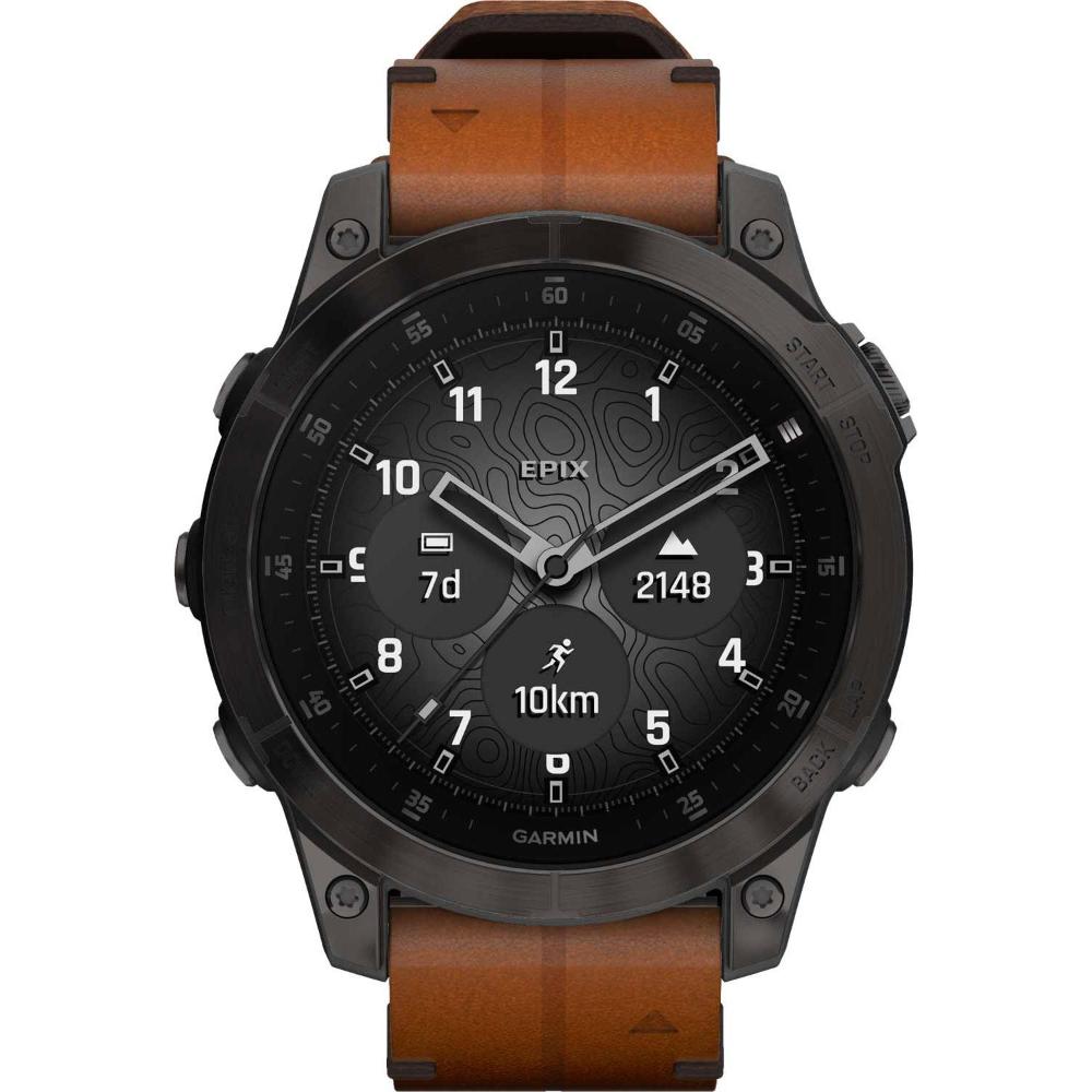 GARMIN Epix Sapphire Smartwatch 47mm Titanium Carbon Gray DLC with Chestnut Leather Band 010-02582-30 - 1