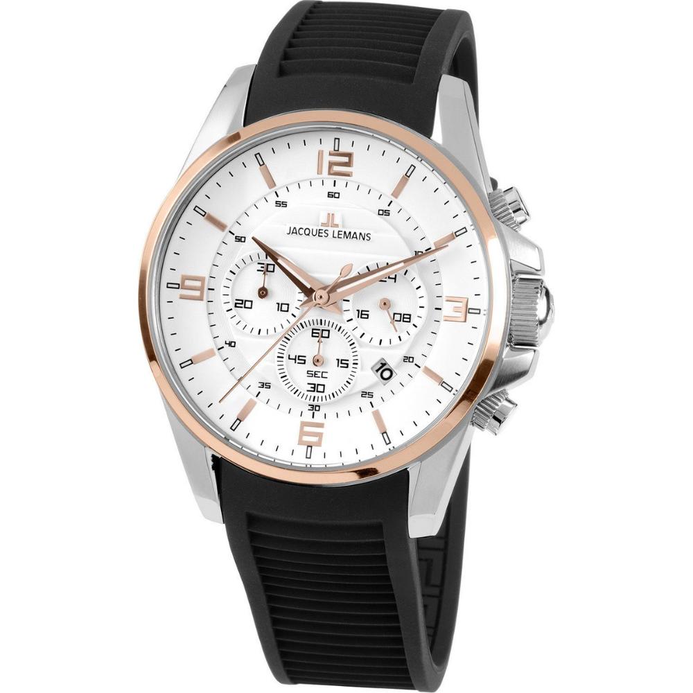 JACQUES LEMANS Liverpool Chronograph 44mm Silver Stainless Steel Black Silicon Strap 1-1799D