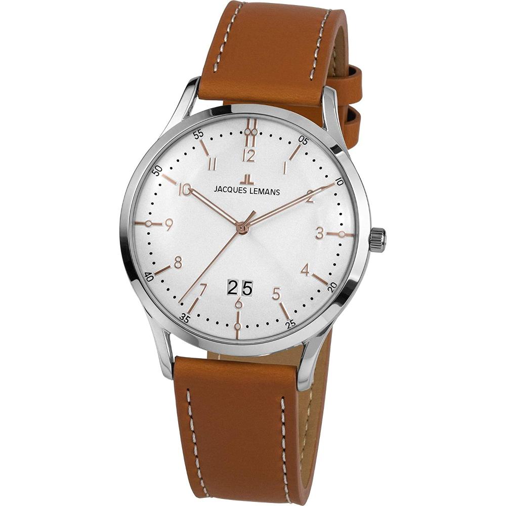 JACQUES LEMANS Retro Classic Three Hands 41mm Silver Stainless Steel Brown Leather Strap 1-2066D