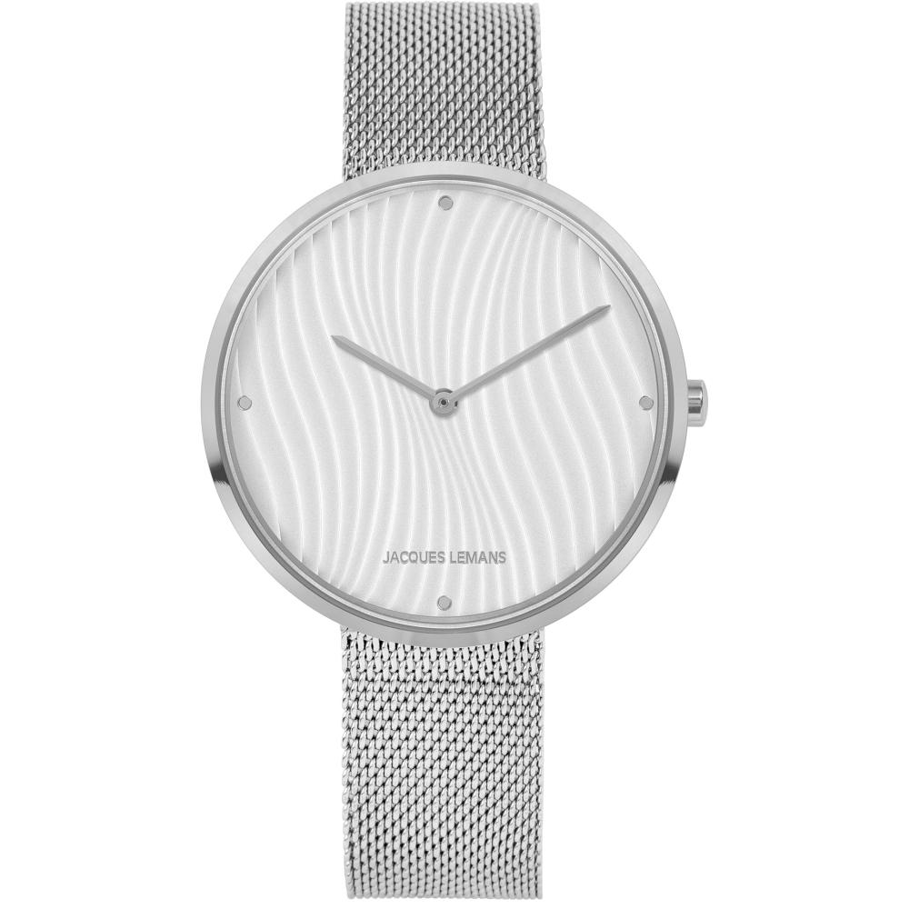 JACQUES LEMANS Design Collection Three Hands 36mm Silver Stainless Steel Mesh Bracelet 1-2093G