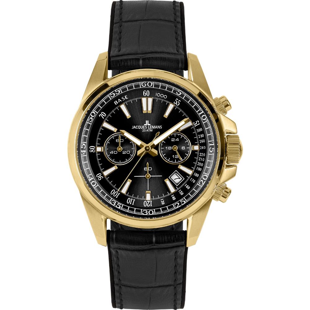 JACQUES LEMANS Liverpool Chronograph 42mm Gold Stainless Steel Black Leather Strap 1-2117E