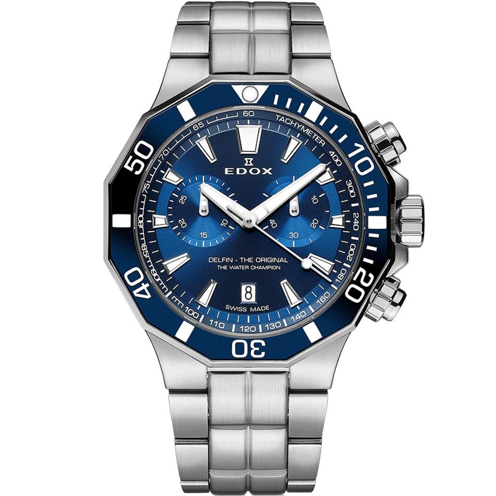 EDOX Delfin The Original Chronograph Blue Dial 43mm Silver Stainless Steel Bracelet 10112-3BUM-BUIN
