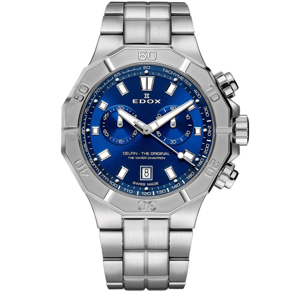 EDOX Delfin The Original Chronograph Blue Dial 43mm Silver Stainless Steel Bracelet 10113-3M-BUIN