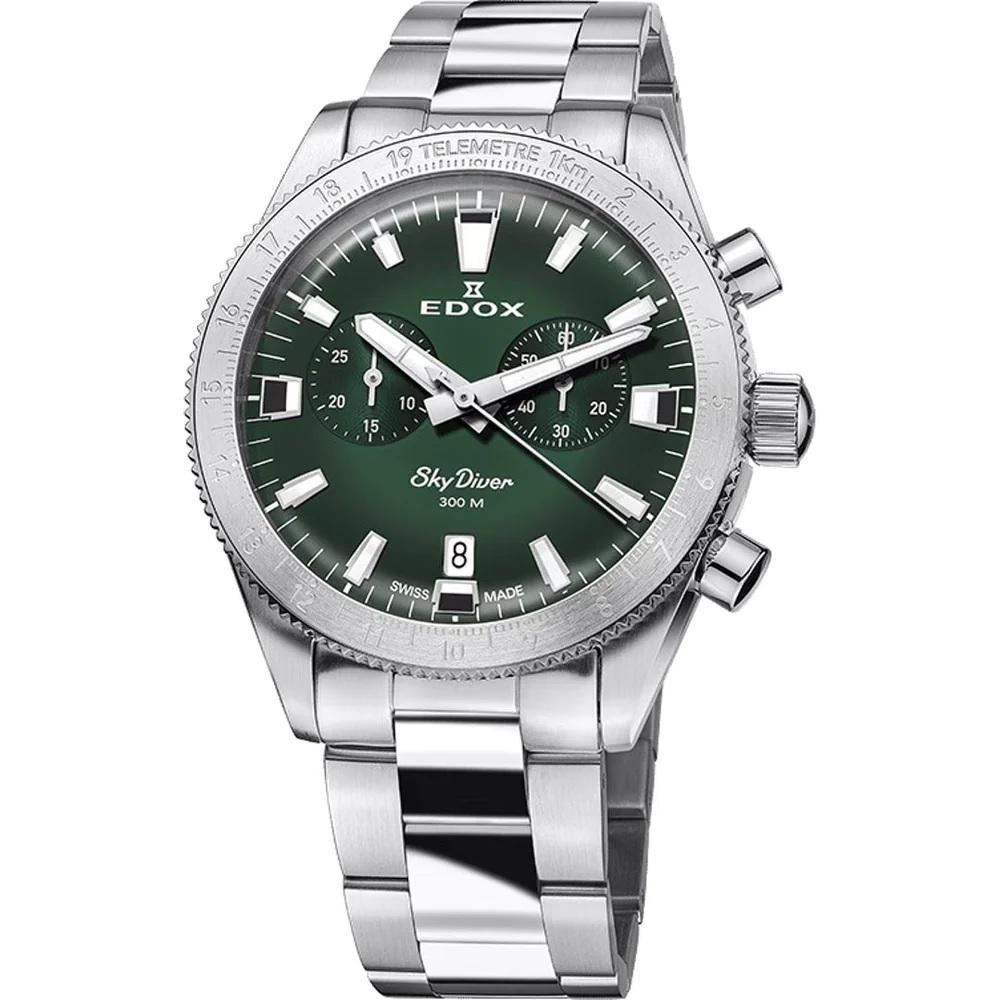 EDOX SkyDiver Chronograph Limited Edition Green Dial 40mm Silver Stainless Steel Bracelet 10116-3-VIDN