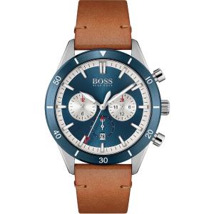 HUGO BOSS Santiago Dual-Time Multifunction 44mm Silver Stainless Steel Brown Leather Strap 1513860 - 4611