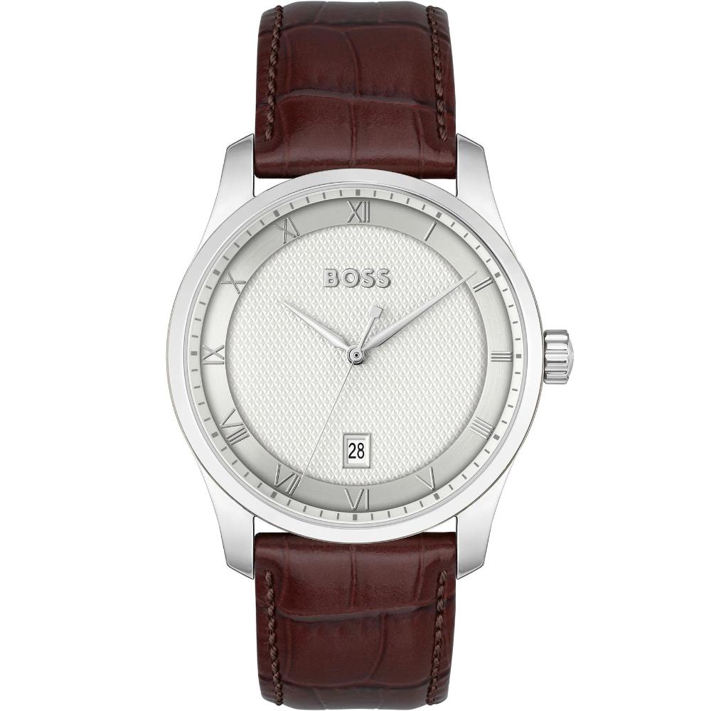 BOSS Principle White Dial 41mm Silver Stainless Steel Brown Leather Strap 1514114