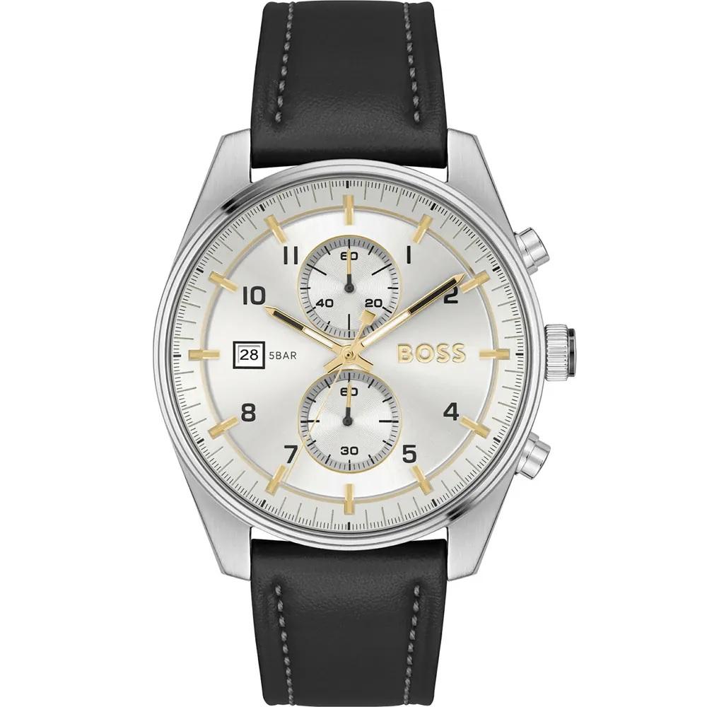 BOSS Skytraveller Chronograph Silver Dial 44mm Silver Stainless Steel Black Leather Strap 1514147