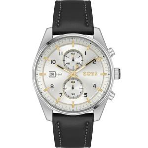 BOSS Skytraveller Chronograph Silver Dial 44mm Silver Stainless Steel Black Leather Strap 1514147 - 44751
