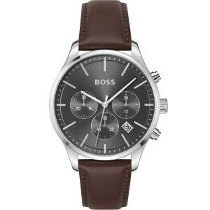BOSS Avery Chronograph Grey Dial 42mm Silver Stainless Steel Brown Leather Strap 1514155 - 46012