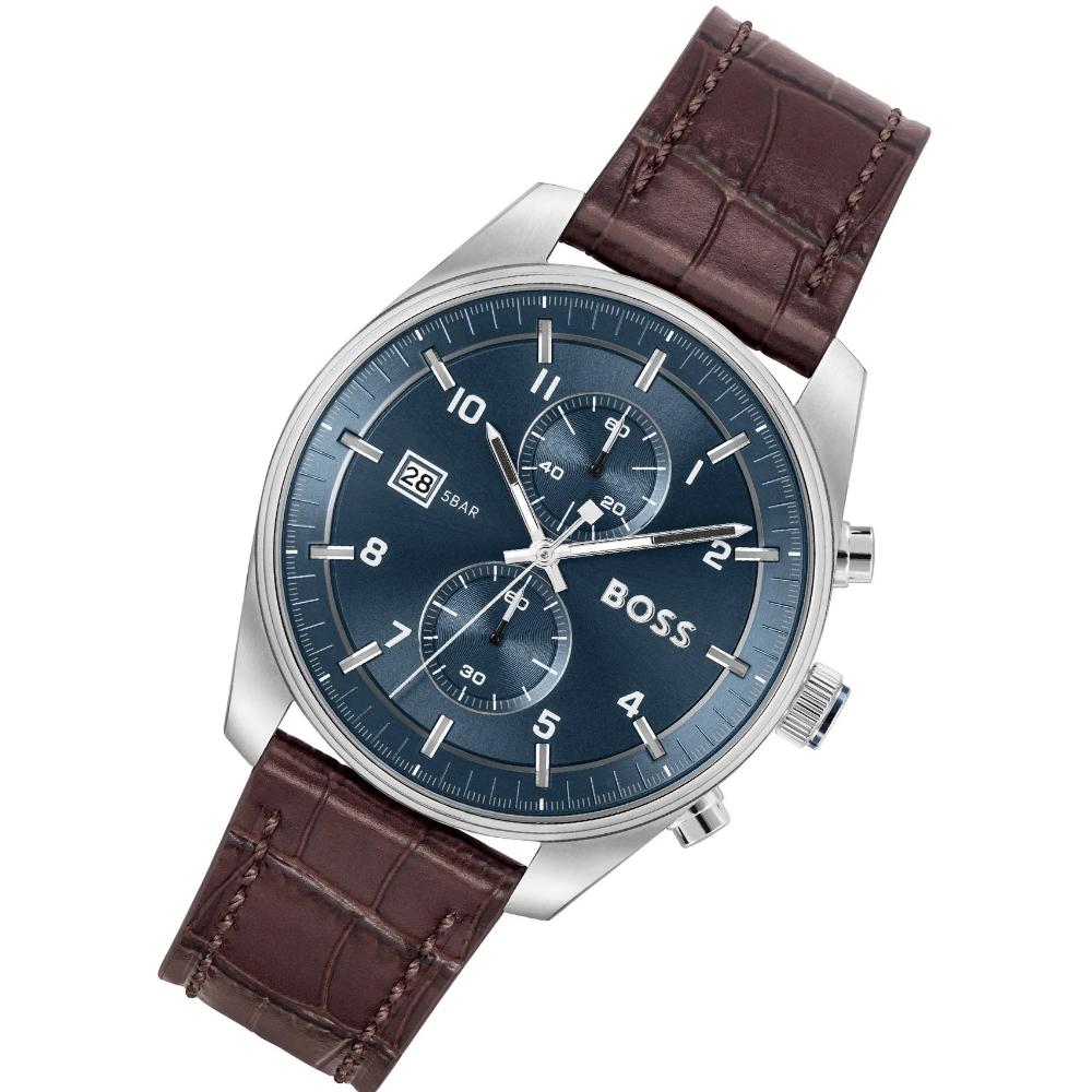 BOSS Skytraveller Chronograph Blue Dial 44mm Silver Stainless Steel Brown Leather Strap 1514193