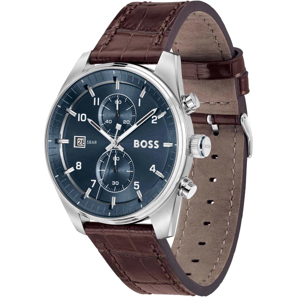 BOSS Skytraveller Chronograph Blue Dial 44mm Silver Stainless Steel Brown Leather Strap 1514193