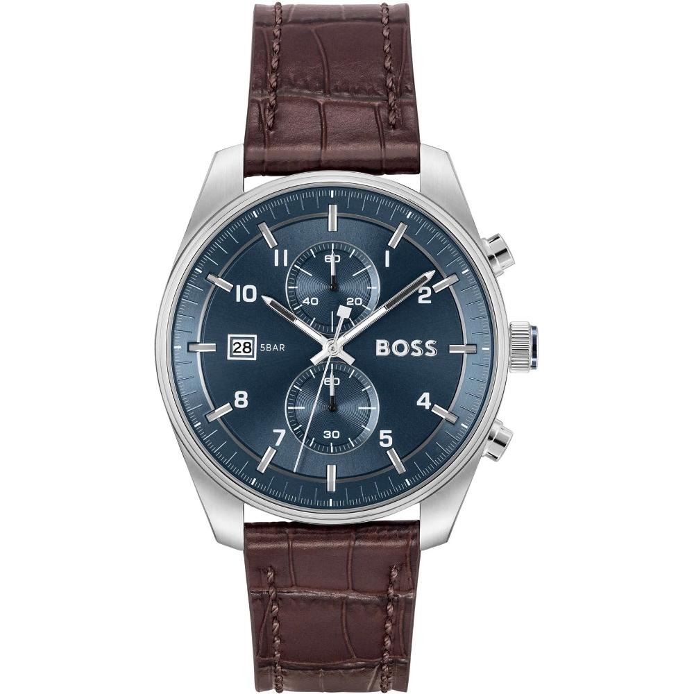 BOSS Skytraveller Chronograph Blue Dial 44mm Silver Stainless Steel Brown Leather Strap 1514193