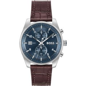 BOSS Skytraveller Chronograph Blue Dial 44mm Silver Stainless Steel Brown Leather Strap 1514193 - 48255