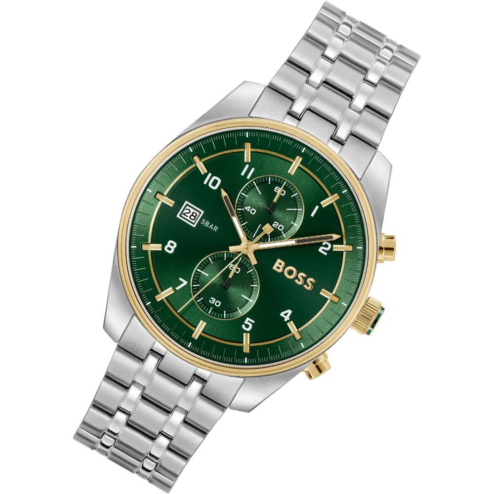 BOSS Skytraveler Chronograph Green Dial 44mm Silver Stainless Steel Bracelet 1514195