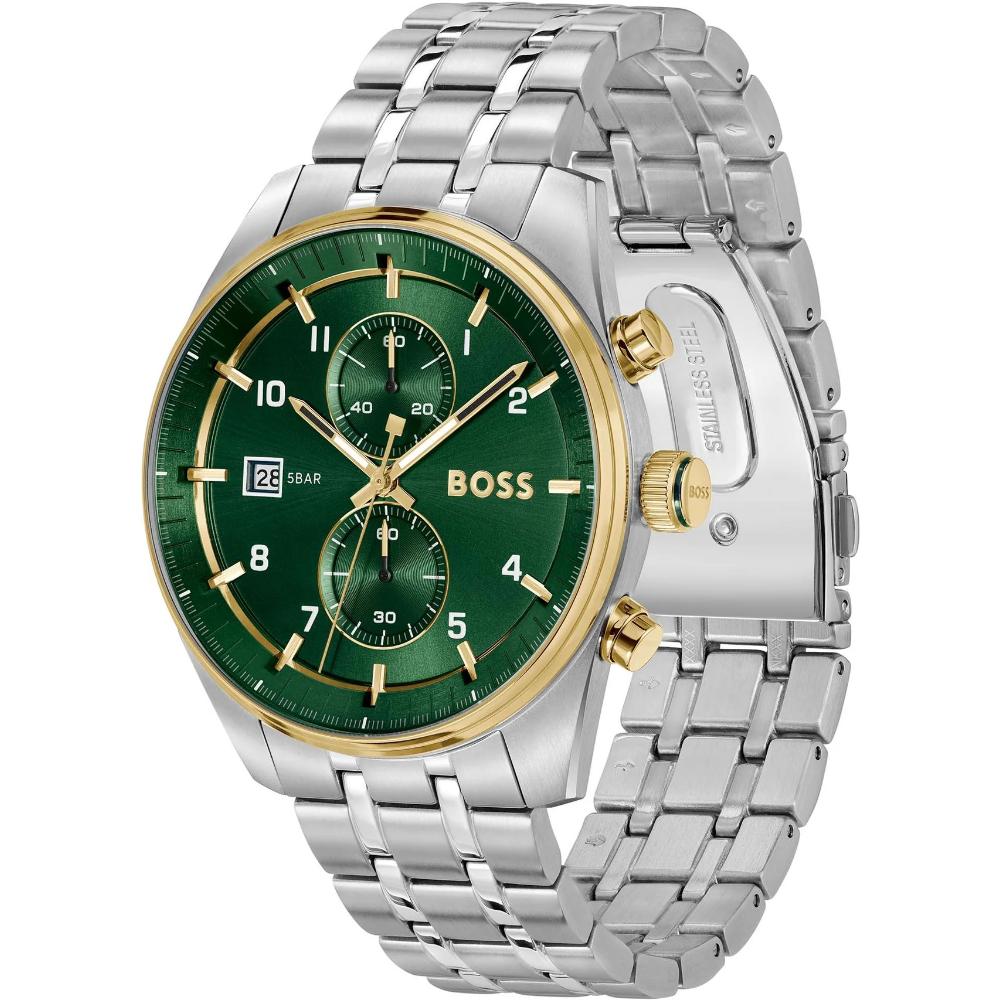 BOSS Skytraveler Chronograph Green Dial 44mm Silver Stainless Steel Bracelet 1514195