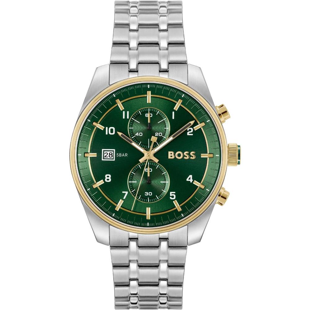 BOSS Skytraveler Chronograph Green Dial 44mm Silver Stainless Steel Bracelet 1514195