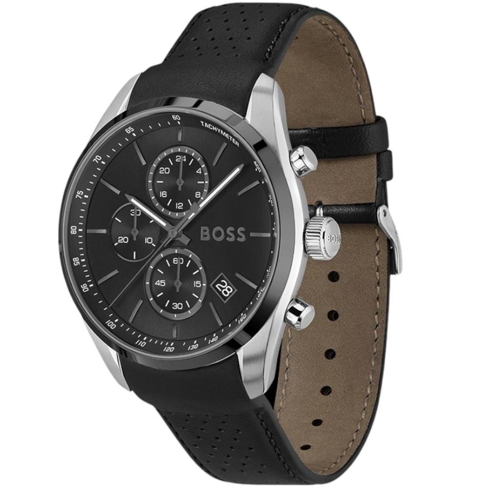 BOSS Grand Prix Chronograph Black Dial 44mm Silver Stainless Steel Black Leather Strap 1514224