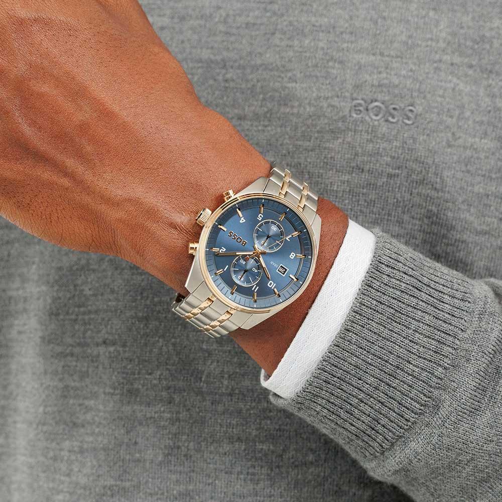 BOSS Skytraveller Chronograph Blue Dial 41mm Two Tone Gold Stainless Steel Bracelet 1514247