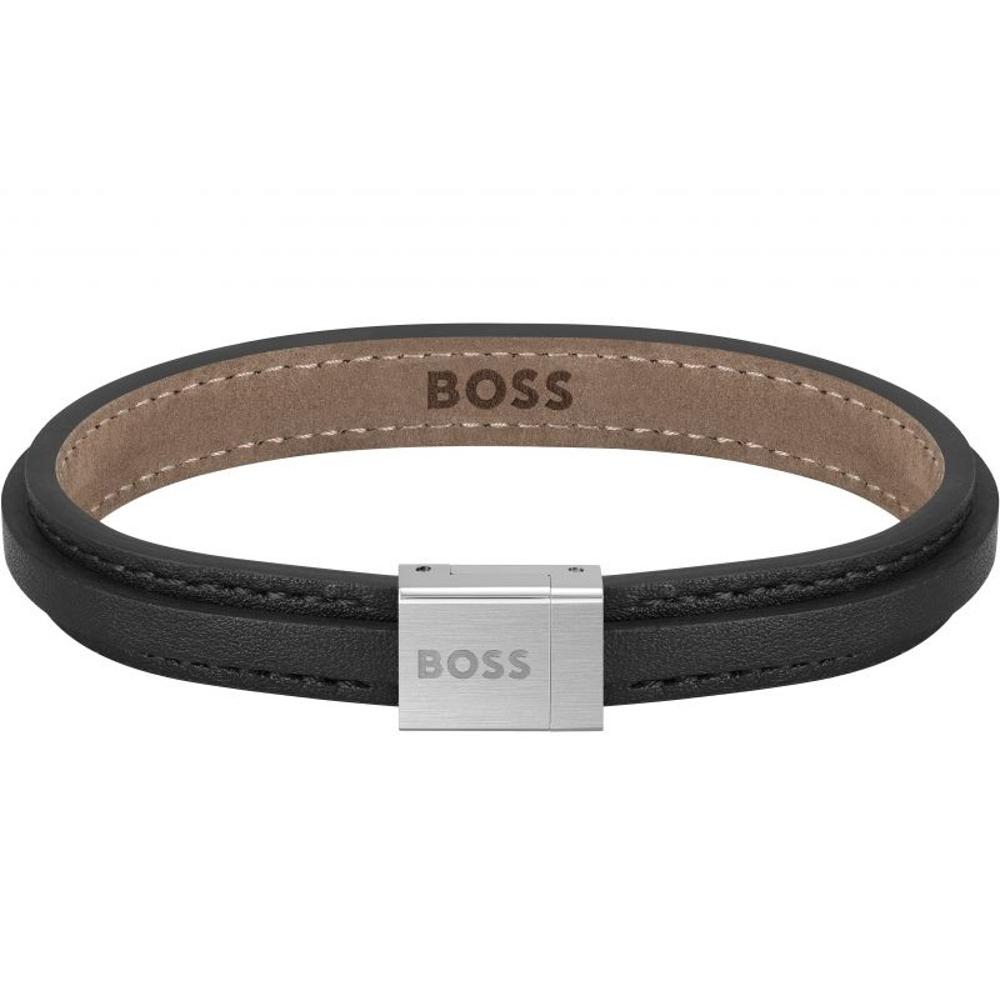 BOSS Jewelry Bracelet Silver Stainless Steel Black Leather 1580328S