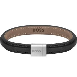 BOSS Jewelry Bracelet Silver Stainless Steel Black Leather 1580328S - 23458