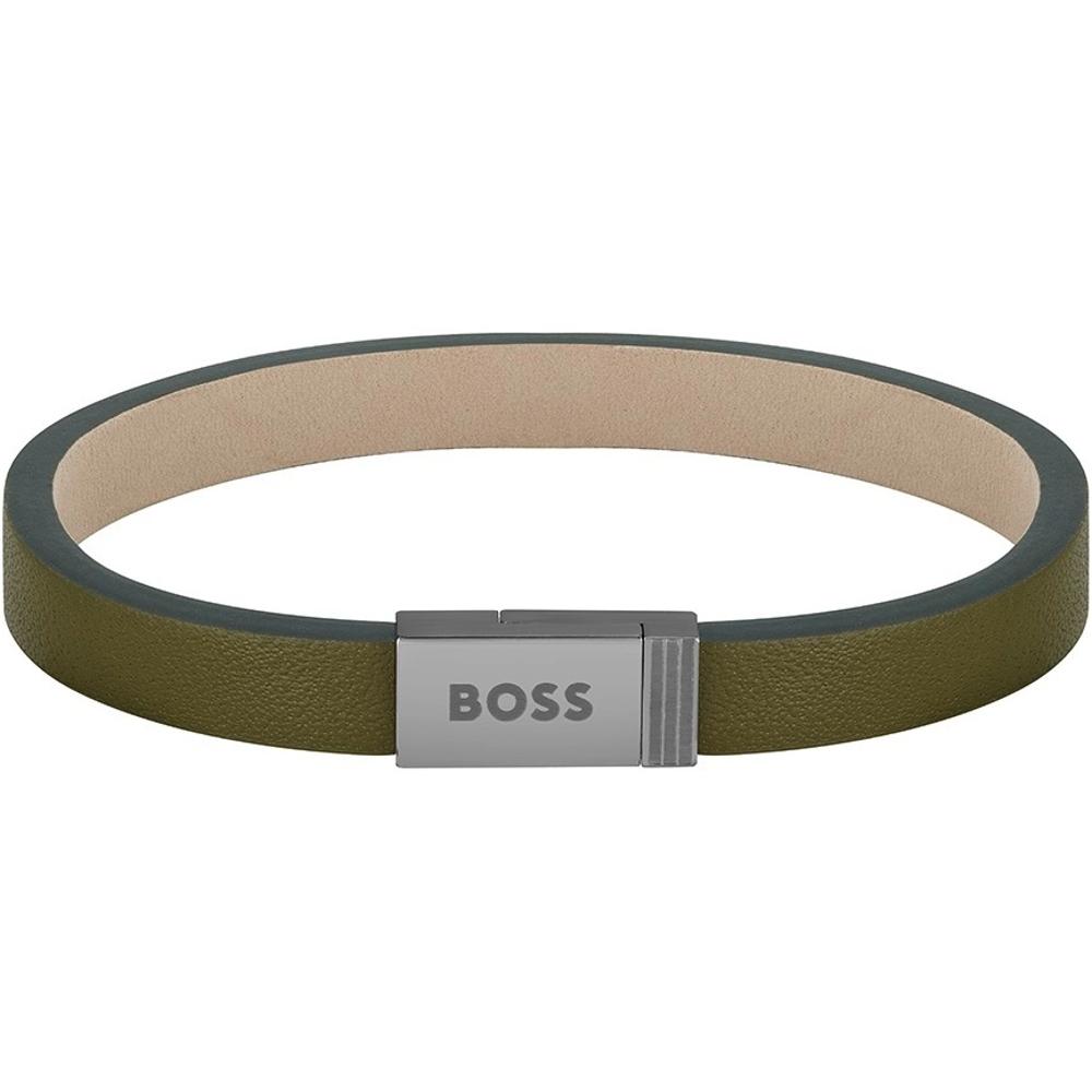 BOSS Jewelry Bracelet Grey Stainless Steel Green Leather Strap 1580338S