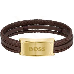 BOSS Jewelry For Him Bracelet Gold Stainless Steel with Brown Leather 1580424 - 33428