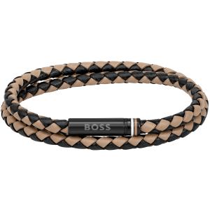 BOSS Jewelry For Him Bracelet Black Stainless Steel with Black & Beige Leather 1580495M - 36613