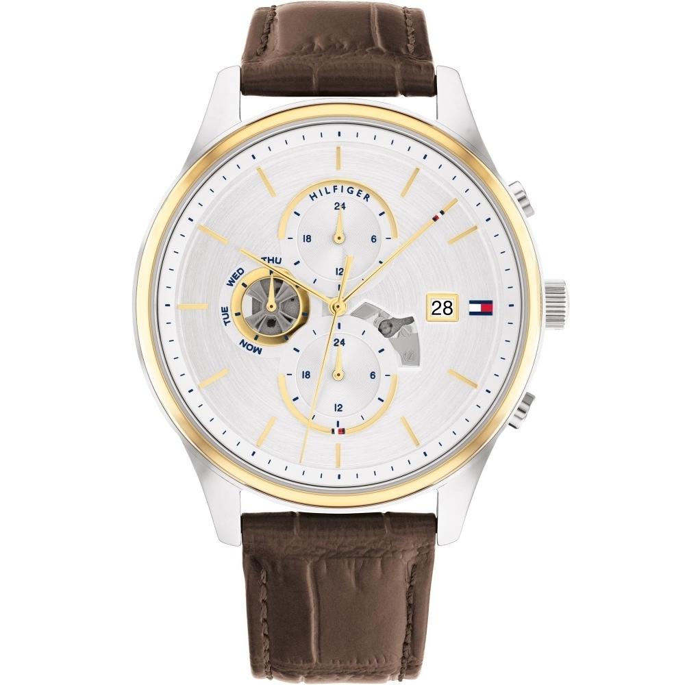 TOMMY HILFIGER Weston Multifunction 44mm Silver & Gold Stainless Steel Brown Leather Strap 1710501