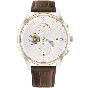 TOMMY HILFIGER Weston Multifunction 44mm Silver & Gold Stainless Steel Brown Leather Strap 1710501 - 25701