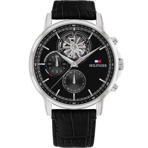 TOMMY HILFIGER Stewart Multifunction Black Dial 44mm Silver Stainless Steel Black Leather Strap 1710605 - 42752