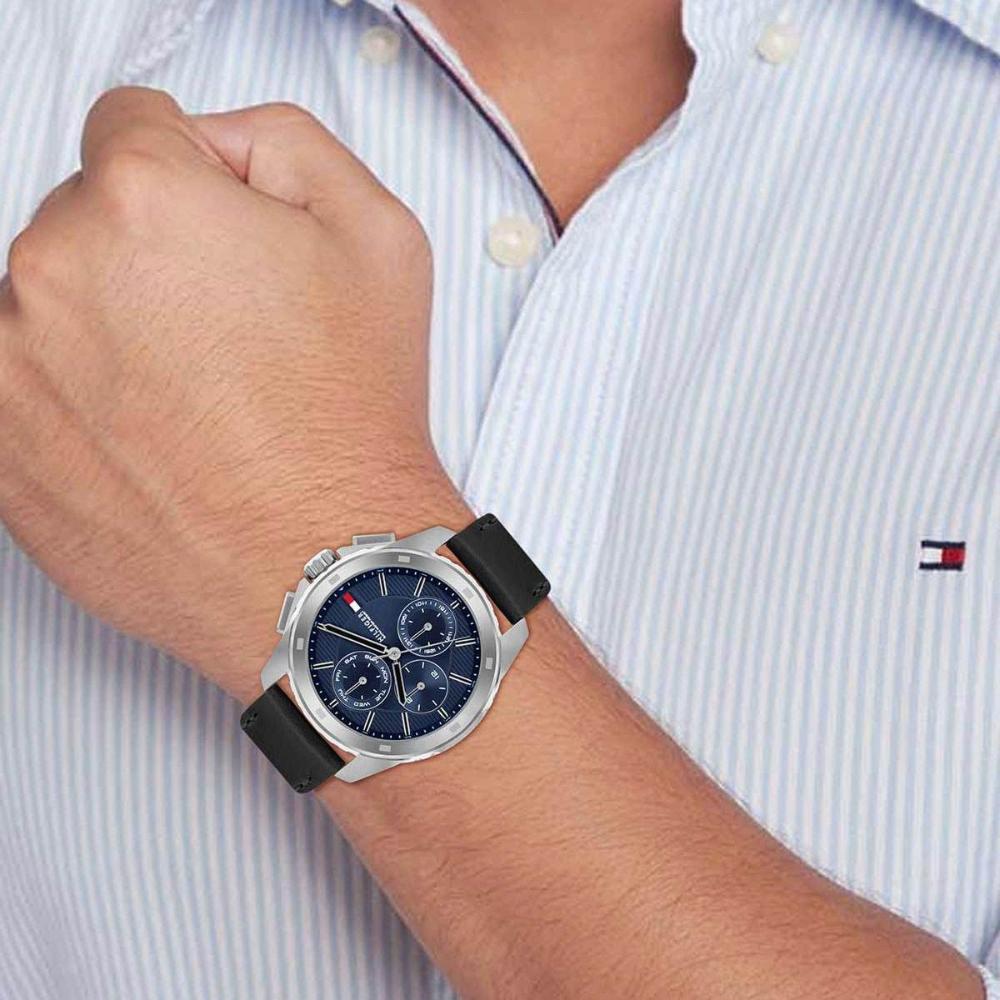 TOMMY HILFIGER Walker Multifunction Blue Dial 44mm Silver Stainless Steel Black Leather Strap 1710619