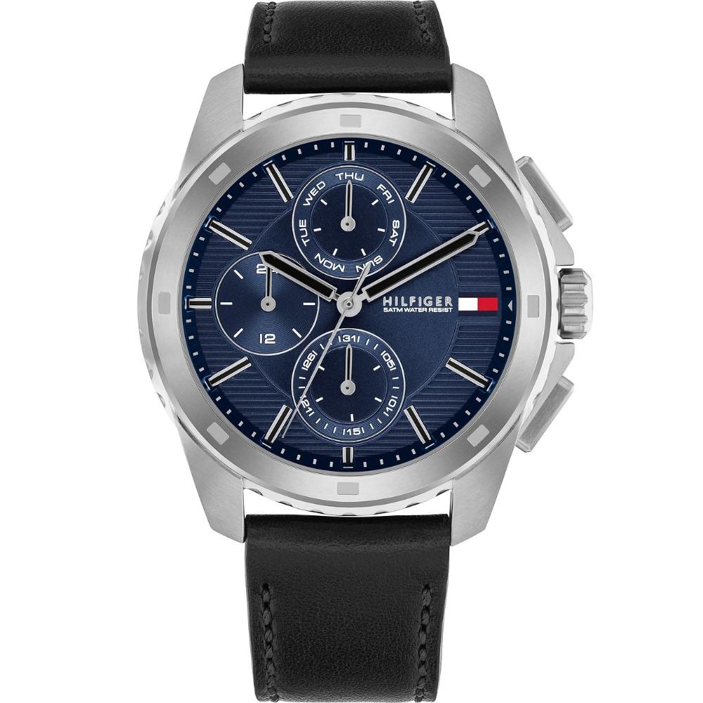 TOMMY HILFIGER Walker Multifunction Blue Dial 44mm Silver Stainless Steel Black Leather Strap 1710619