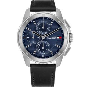 TOMMY HILFIGER Walker Multifunction Blue Dial 44mm Silver Stainless Steel Black Leather Strap 1710619 - 45280