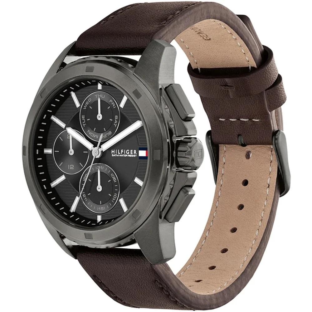 TOMMY HILFIGER Walker Multifunction Black Dial 44mm Grey Stainless Steel Brown Leather Strap 1710623