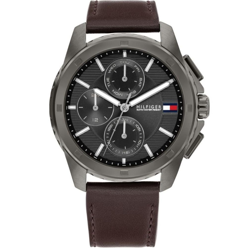 TOMMY HILFIGER Walker Multifunction Black Dial 44mm Grey Stainless Steel Brown Leather Strap 1710623