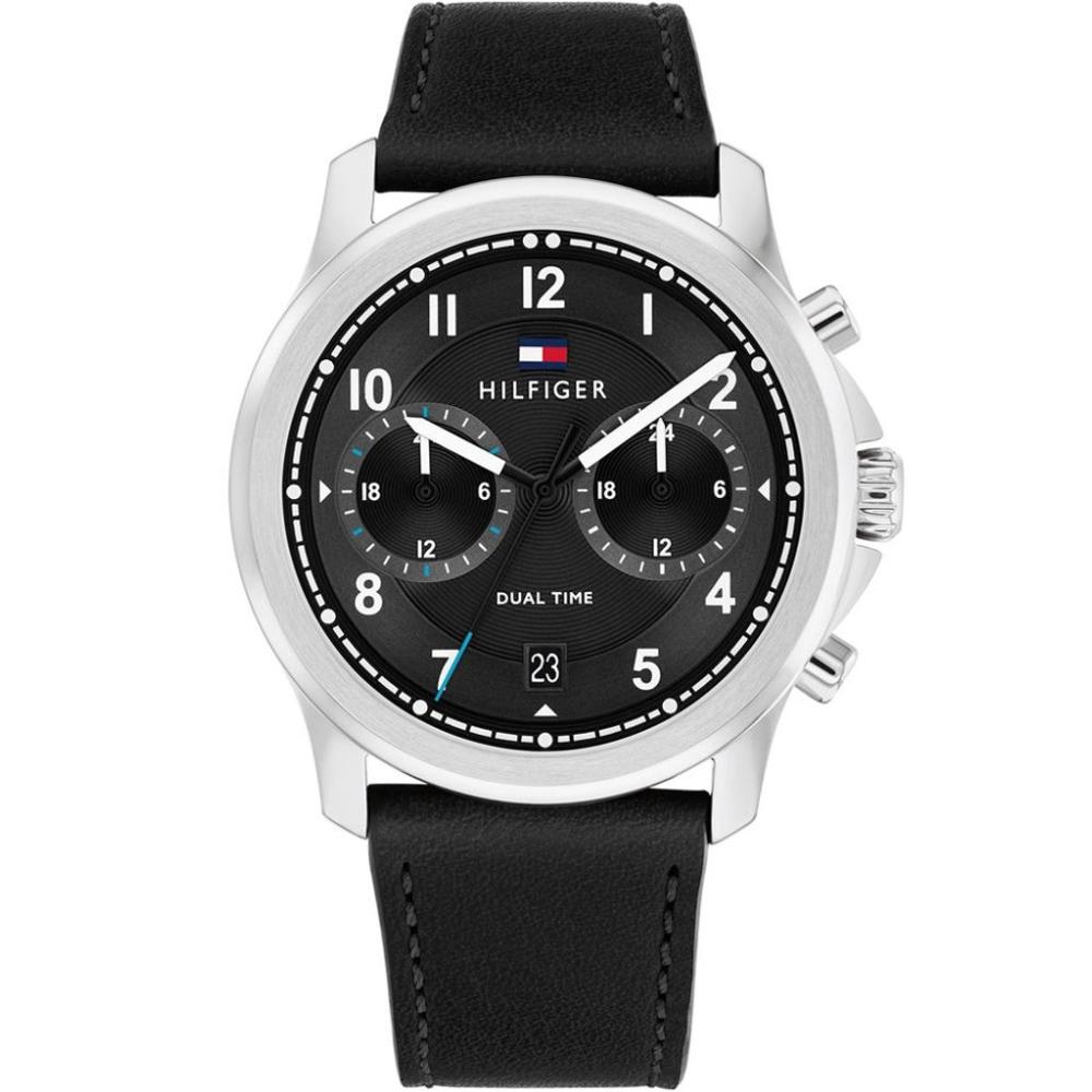 TOMMY HILFIGER Wesley Dual Time Black Dial 42mm Silver Stainless Steel Black Leather Strap 1710624